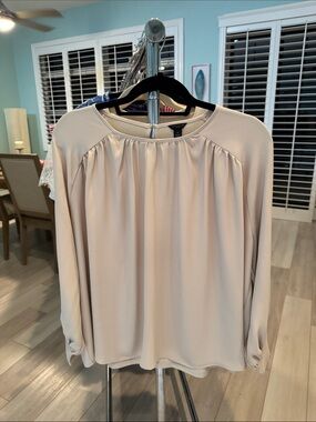 Ann Taylor Soft Cream Long-Sleeve Gathered Yoke Blouse